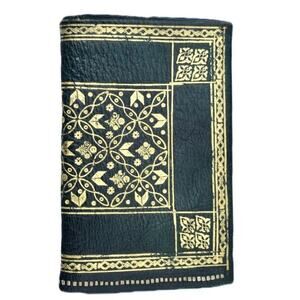 Vtg Leather Passport Wallet Green Gold Embossed 6 compartments 1920s